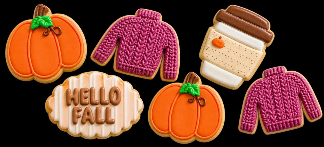 Reference-inspired autumn cookie artwork: pumpkins, knitted sweaters, a coffee cup and a Hello Fall cookie.